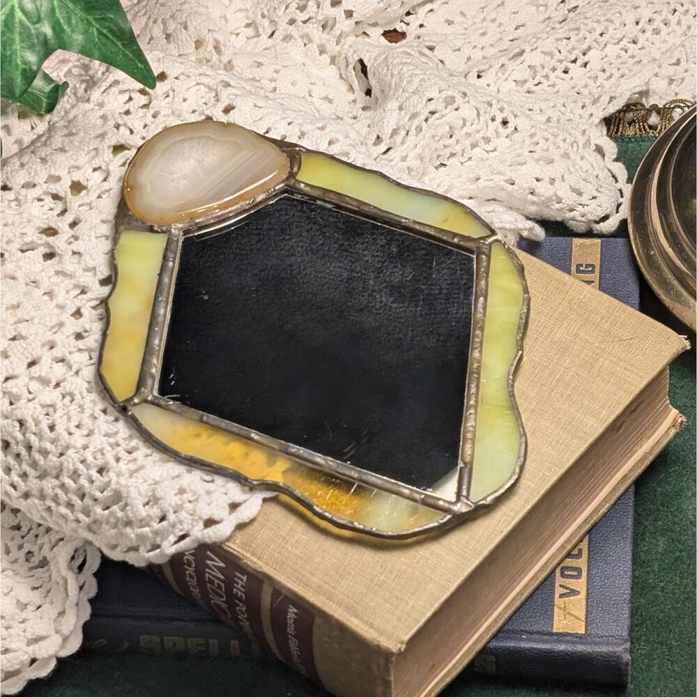 Handmade Vintage Stained Glass Mirror w Agate Stone Wall Hanging Boho Decor OOAK